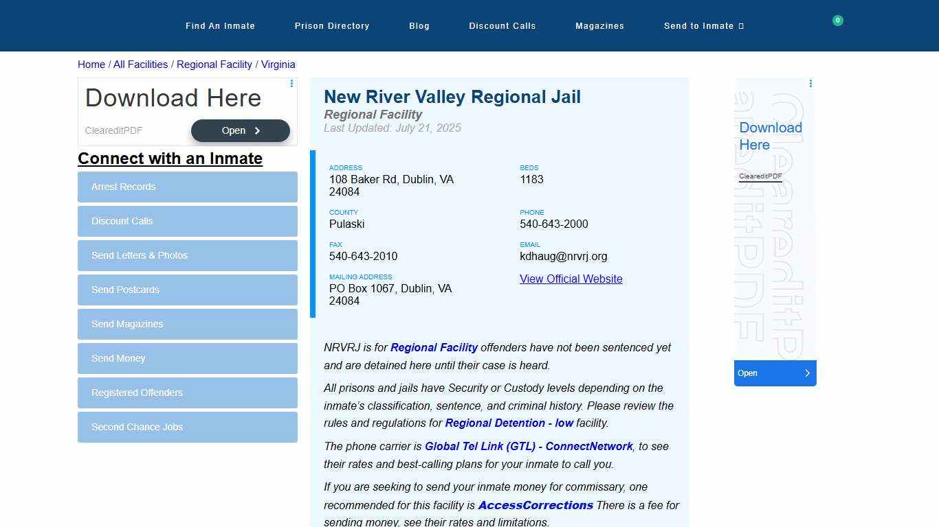 New River Valley Regional Jail Visitation, Inmate Services, and Facility Information